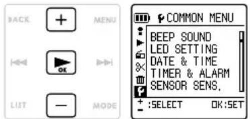 BACK MENU LOAD LOAD LIST — MODE COMMON MENU BEEP SOUND LED SETTING DATE & TIME TIMER & ALARM SENSOR SENS. + :SELECT OK:SET