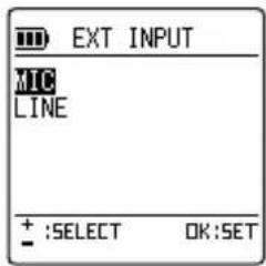 EXT INPUT MIC LINE + :SELECT OK:SET