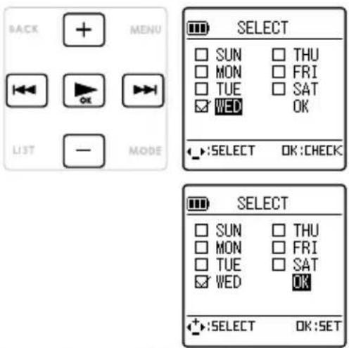 BACK MENU LIST — MODE SELECT SUN THU MON FRI TUE SAT WED OK :SELECT OK:CHECK SELECT SUN THU MON FRI TUE SAT WED OK :SELECT OK:SET