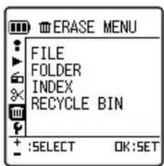 ERASE MENU FILE FOLDER INDEX RECYCLE BIN + :SELECT OK:SET