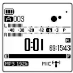 A003 L: -40 -30 -20 -12 -5 -3 P R: 0:01 69:15:43 MP3 192k MIC(●)
