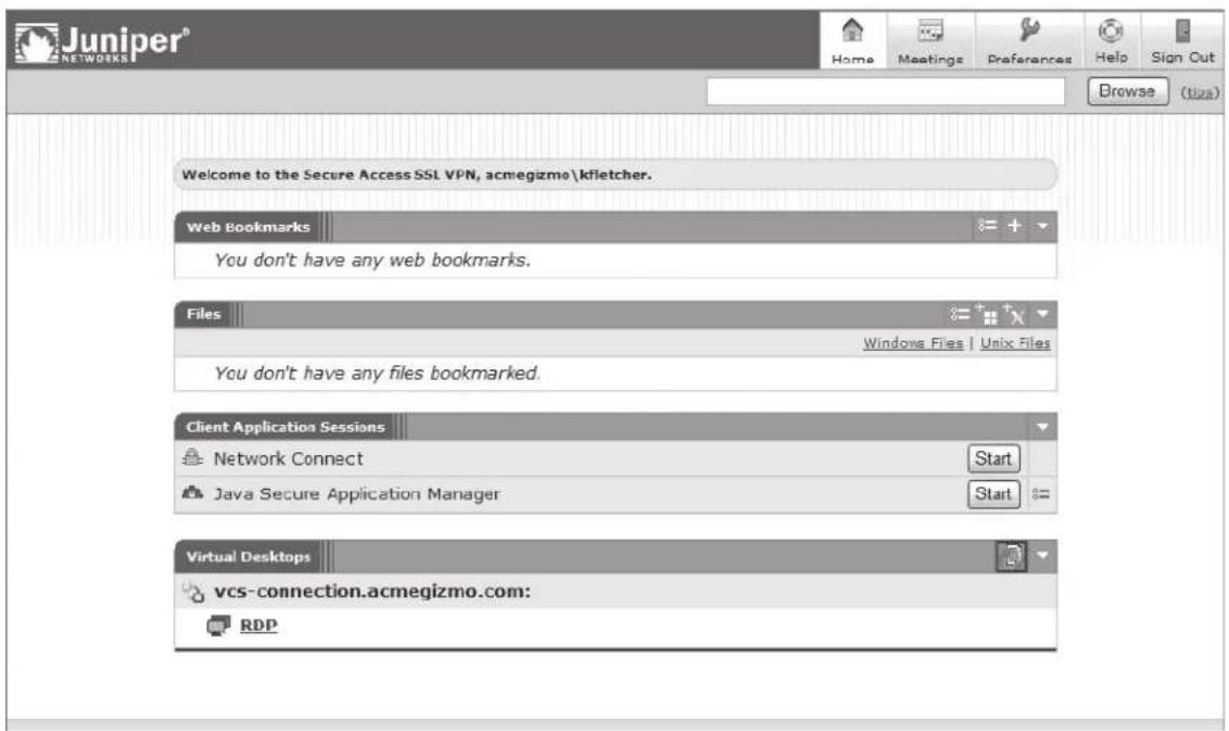 Juniper® NETWORKS Home Meetings Preferences Help Sign Out Browse (tizs) Welcome to the Secure Access SSL VPN, acmegizmo\kfletcher. Web Bookmarks You don't have any web bookmarks. Files Windows Files | Unix Files You don't have any files bookmarked. Client Application Sessions Network Connect Start Java Secure Application Manager Start Virtual Desktops vcs-connection.acmegizmo.com: RDP