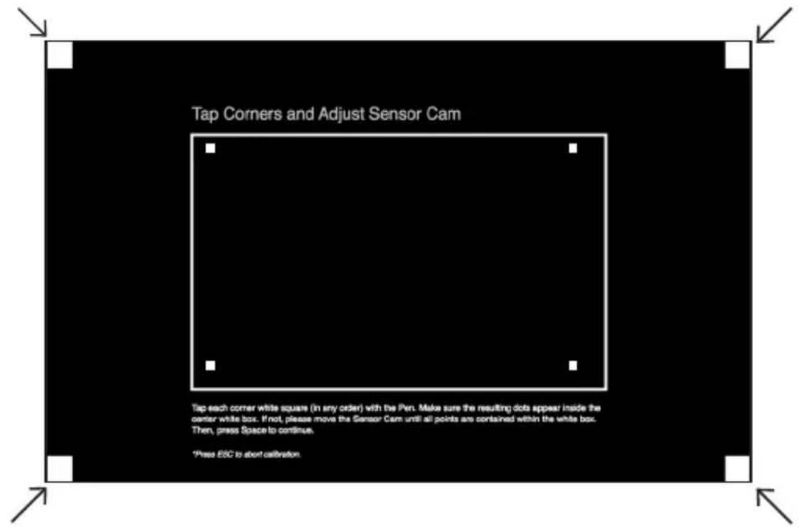 Tap Corners and Adjust Sensor Cam Tap each corner white square (in any order) with the Pen. Make sure the resulting dots appear inside the center white box. If not, please move the Sensor Cam until all points are contained within the white box. Then, press Space to continue. *Press ESC to abort calibration.