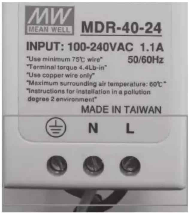MW MEAN WELL MDR-40-24 INPUT: 100-240VAC 1.1A "Use minimum 75℃ wire" 50/60Hz "Terminal torque 4.4Lb-in" "Use copper wire only" "Maximum surrounding air temperature: 60℃" "Instructions for installation in a pollution degree 2 environment" MADE IN TAIWAN N L