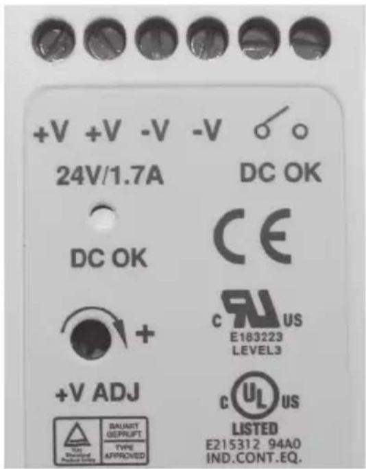 +V +V -V -V 24V/1.7A DC OK DC OK CE + c RU US E183223 LEVEL3 +V ADJ c UL US LISTED E215312 94A0 IND.CONT.EQ. TAU BAUART GEPRUPT TYPE APPROVED