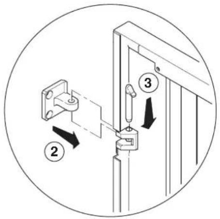 Diagram showing three-step installation of a door lock mechanism with labeled components and directional arrows