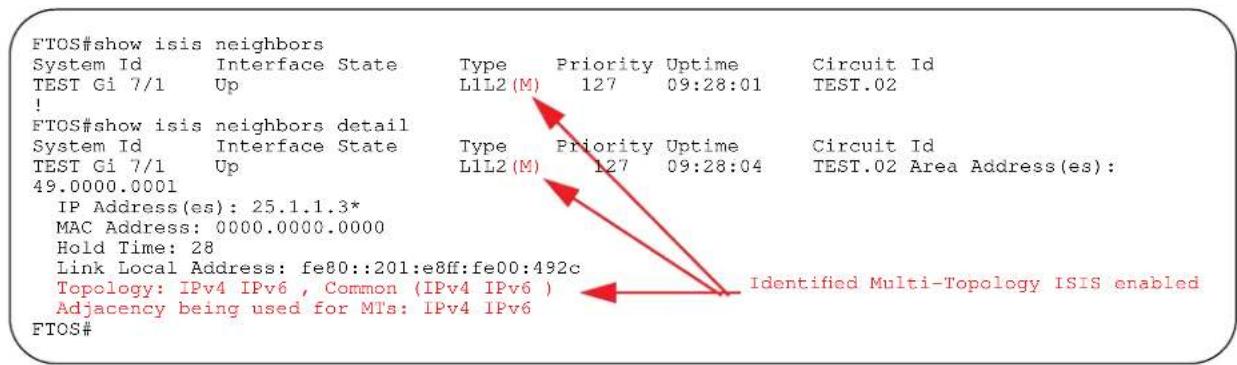 FTOS#show isis neighbors System Id Interface State Type Priority Uptime Circuit Id TEST Ci 7/1 Up L1L2 (M) 127 09:28:01 TEST.02 ! FTOS#show isis neighbors detail System Id Interface State Type Priority Uptime Circuit Id TEST Ci 7/1 Up L1L2 (M) 127 09:28:04 TEST.02 Area Address(es): 49.0000.0001 IP Address(es): 25.1.1.3* MAC Address: 0000.0000.0000 Hold Time: 28 Link Local Address: fe80::201:e8ff:fe00:492c Topology: IPv4 IPv6 , Common (IPv4 IPv6 ) Adjacency being used for MTs: IPv4 IPv6 FTOS# Identified Multi-Topology ISIS enabled