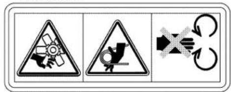 Three safety warning symbols: triangular warning triangle, mechanical gear icon, and circular switch mechanism.