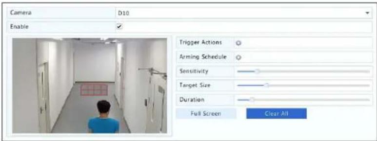 Camera D10 Enable Trigger Actions Arming Schedule Sensitivity Target Size Duration Full Screen Clear All