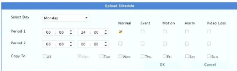 Upload Schedule Select Day Monday Period 1 00 : 00 24 : 00 Period 2 00 : 00 00 : 00 Copy To All Mon Tue Wed Thu Fri Sat Sun Normal Event Motion Alarm Video Loss OK Cancel