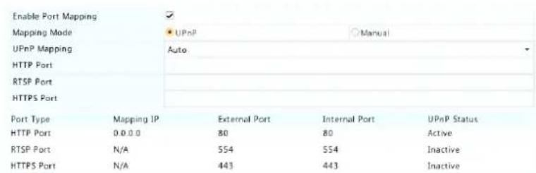 Enable Port Mapping Mapping Mode UPnP Mapping HTTP Port RTSP Port HTTPS Port Port Type Mapping IP External Port Internal Port UPnP Status HTTP Port 0.0.0.0 80 80 Active RTSP Port N/A 554 554 Inactive HTTPS Port N/A 443 443 Inactive