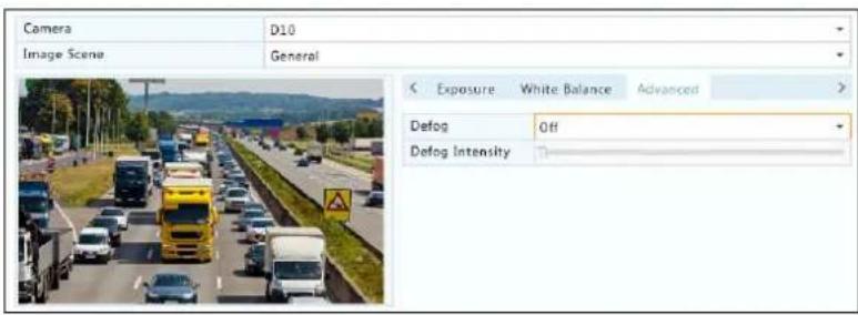 Camera D10 Image Scene General Exposure White Balance Advanced Defog Off Defog Intensity