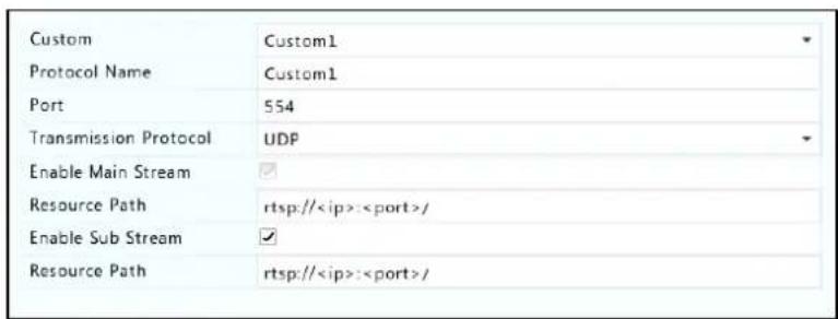 Custom Custom1 Protocol Name Custom1 Port 554 Transmission Protocol UDP Enable Main Stream Resource Path rtsp://:/ Enable Sub Stream Resource Path rtsp://:/