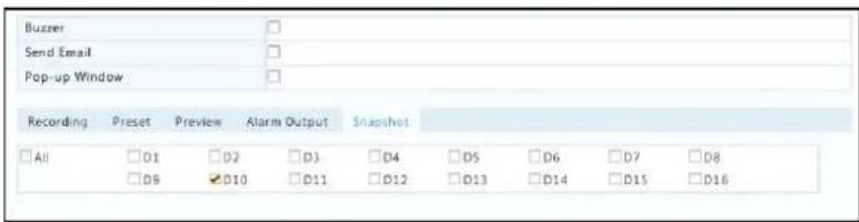 Buzzer Send Email Pop-up Window Recording Preset Preview Alarm Output Snapshot □ All □D1 □D2 □D3 □D4 □D5 □D6 □D7 □D8 □D9 ☑D10 □D11 □D12 □D13 □D14 □D15 □D16