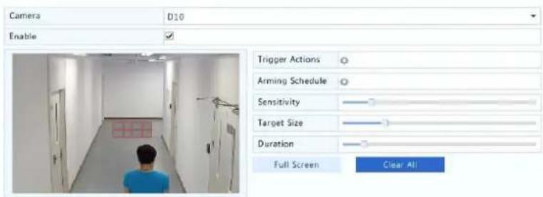 Camera D10 Enable ✓ Trigger Actions ○ Arming Schedule ○ Sensitivity —— Target Size —— Duration —— Full Screen Clear All