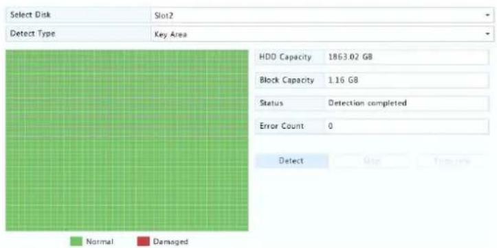 Select Disk Slot2 Detect Type Key Area HDD Capacity 1863.02 GB Block Capacity 1.16 GB Status Detection completed Error Count 0 Detect Normal Damaged