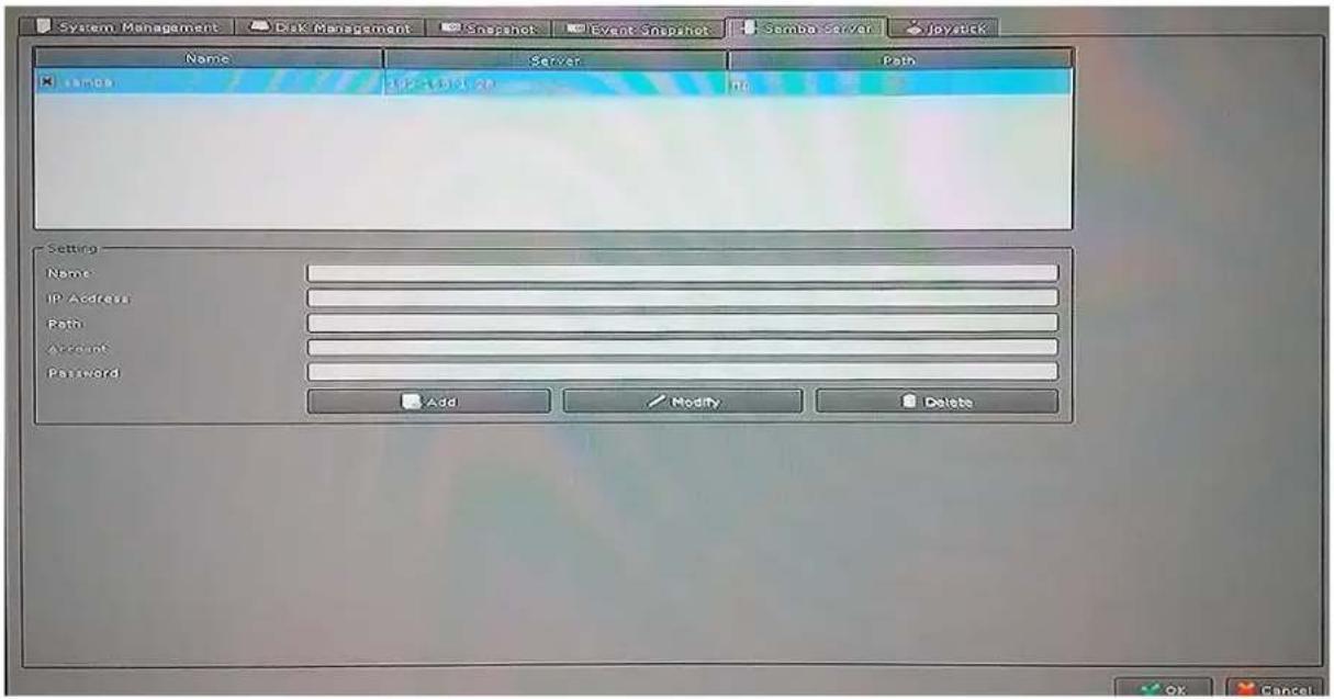 System Management Disk Management Snapshot Event Snapshot Samba Server Joyuck Name Server Path Simbo 192-1503.28 No Setting Name: IP Address: Path: Account: Password Add Modify Delete OK Cancel