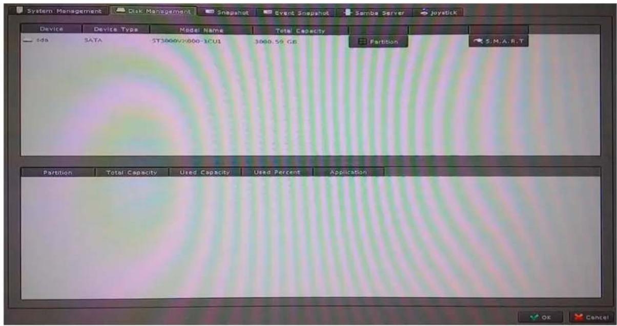 System Management Disk Management Snapshot Event Snapshot Samba Server joystick Device Device Type Model Name Total Capacity - 6ds SATA ST3000/2000-1CUI 3000.59 GB Partition S.M.A.R.T Partition Total Capacity Used Capacity Used Percent Application OK Cancel