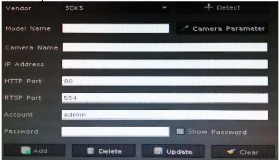 Vendor SDKS Model Name Camera Name IP Address HTTP Port 80 RTSP Port 554 Account admin Password Show Password Add Delete Update Clear