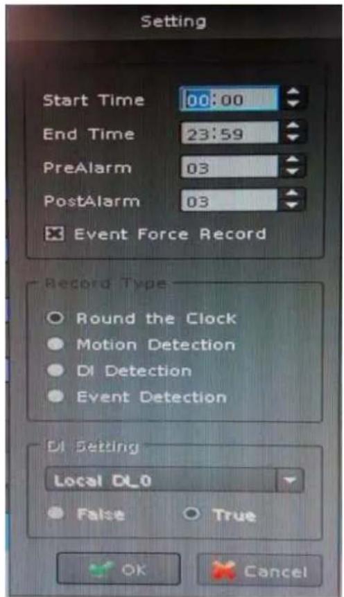 Setting Start Time 00:00 End Time 23:59 PreAlarm 03 PostAlarm 03 Event Force Record Record Type Round the Clock Motion Detection DI Detection Event Detection DI Setting Local DI_0 False True OK Cancel