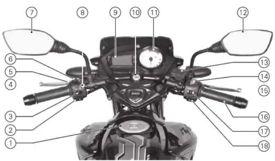 Labeled diagram of a motorcycle front view with numbered parts for identification