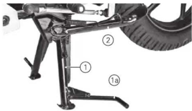 Technical diagram of a vehicle suspension system with labeled components including foot, wheel, and safety railings