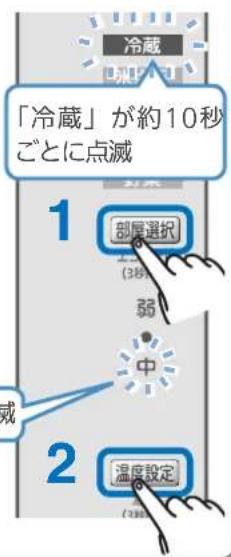 「冷蔵」が約10秒 ごとに点滅 1 部属選択 (38) 弱 中 2 温度設定