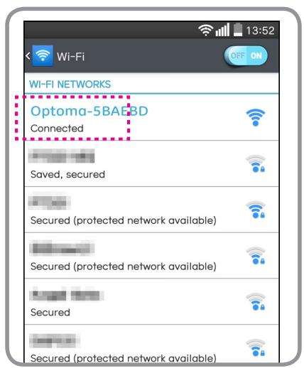 Wi-Fi 13:52 OFF ON Wi-FI NETWORKS Optoma-5BAE3D Connected Saved, secured Secured (protected network available) Secured (protected network available) Secured Secured (protected network available)