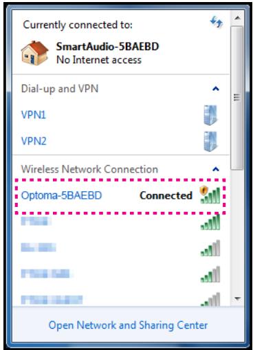 Currently connected to: SmartAudio-5BAEBD No Internet access Dial-up and VPN VPN1 VPN2 Wireless Network Connection Optoma-5BAEBD Connected Open Network and Sharing Center