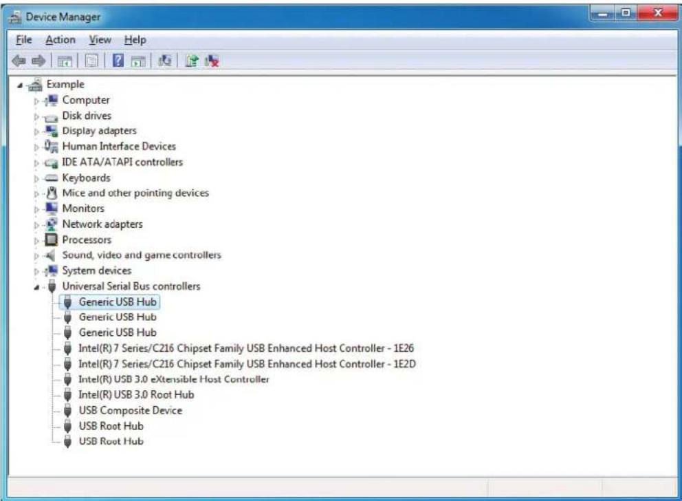 Device Manager File Action View Help Example Computer Disk drives Display adapters Human Interface Devices IDE ATA/ATAPI controllers Keyboards Mice and other pointing devices Monitors Network adapters Processors Sound, video and game controllers System devices Universal Serial Bus controllers Generic USB Hub Generic USB Hub Generic USB Hub Intel(R) 7 Series/C216 Chipset Family USB Enhanced Host Controller - 1E26 Intel(R) 7 Series/C216 Chipset Family USB Enhanced Host Controller - 1E2D Intel(R) USB 3.0 eXtensible Host Controller Intel(R) USB 3.0 Root Hub USB Composite Device USB Root Hub USB Root Hub