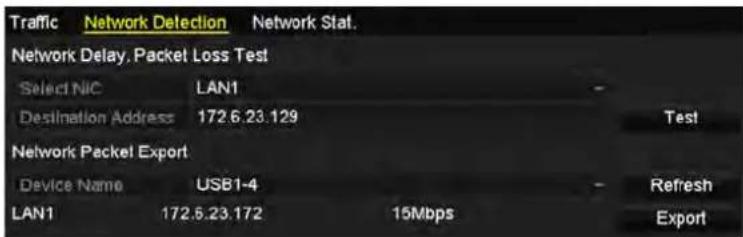 Traffic Network Detection Network Stat. Network Delay. Packet Loss Test Select NIC LAN1 Destination Address 172.6.23.129 Test Network Packel Export Device Name USB1-4 Refresh LAN1 172.5.23.172 15Mbps Export