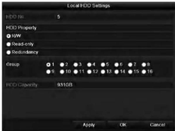 Local HDD Settings HDD No 5 HDD Property ● R/W ● Read-only ● Redundancy Group 1 2 3 4 5 6 7 8 9 10 11 12 13 14 15 16 HDD Capacity 931GB Apply OK Cancel