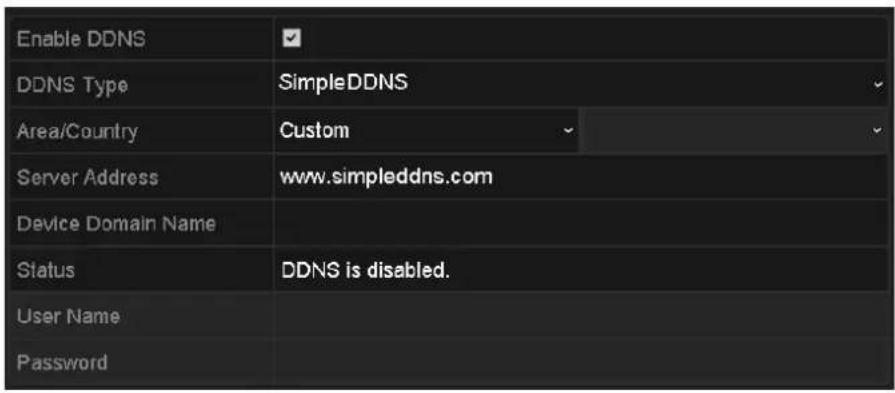 Enable DDNS DDNS Type SimpleDDNS Area/Country Custom Server Address www.simpleddns.com Device Domain Name Status DDNS is disabled. User Name Password