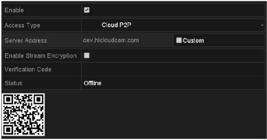 Enable Access Type Cloud P2P Server Address dev.hicloudcam.com Custom Enable Stream Encryption Verification Code Status Offline