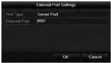 External Port Settings Port Type Server Port External Port 8001 OK Cancel