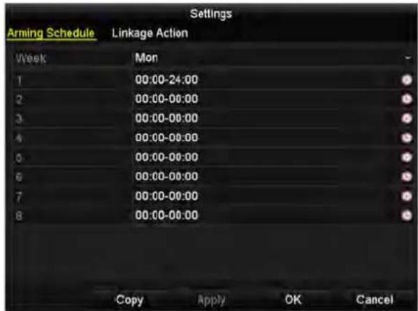 Settings Arming Schedule Linkage Action Week Mon 1 00:00-24:00 2 00:00-00:00 3 00:00-00:00 4 00:00-00:00 5 00:00-00:00 6 00:00-00:00 7 00:00-00:00 8 00:00-00:00 Copy Apply OK Cancel