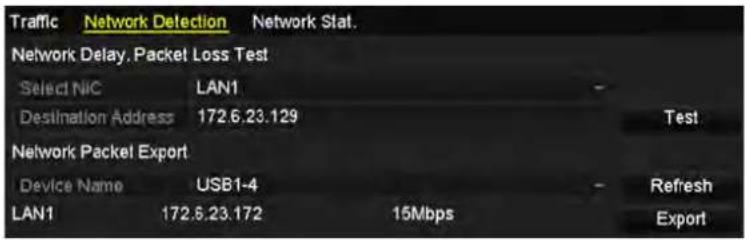 Traffic Network Detection Network Stat. Network Delay. Packet Loss Test Select NIC LAN1 Destination Address 172.6.23.129 Test Network Packel Export Device Name USB1-4 Refresh LAN1 172.6.23.172 15Mbps Export