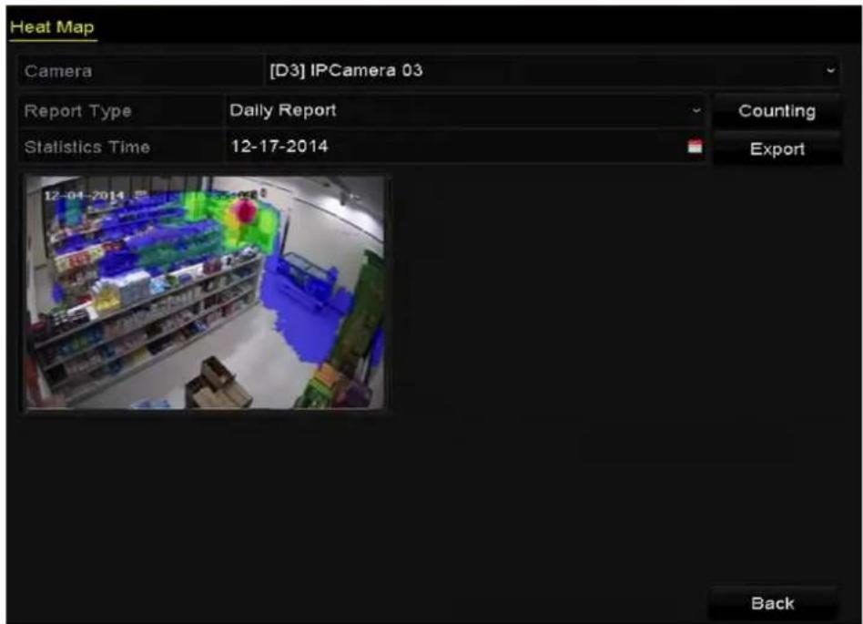 Heat Map Camera [D3] IPCamera 03 Report Type Daily Report Counting Statistics Time 12-17-2014 Export 12-04-2014 Back