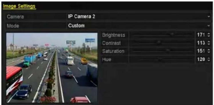 Image Settings Camera IP Camera 2 Mode Custom Brightness 171 ° Contrast 113 ° Saturation 151 ° Hue 120 °