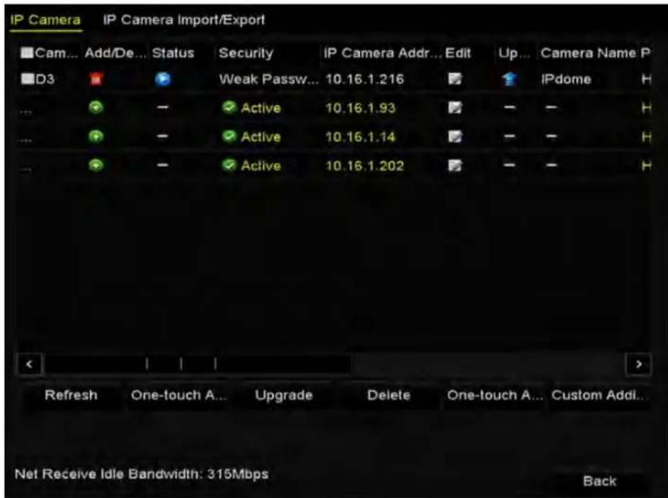 IP Camera IP Camera Import/Export Cam... Add/De... Status Security IP Camera Addr... Edit Up... Camera Name P D3 Weak Passw... 10.16.1.216 IPdome H Active 10.16.1.93 H Active 10.16.1.14 H Active 10.16.1.202 H Refresh One-touch A... Upgrade Delete One-touch A... Custom Addl... Net Receive Idle Bandwidth: 315Mbps Back