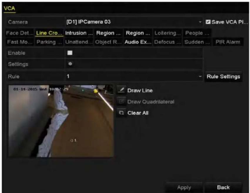 VCA Camera [D1] IPCamera 03 Save VCA Pi... Face Det... Line Cro... Intrusion ... Region ... Region ... Loitering... People ... Fast Mo... Parking ... Unattend... Object R... Audio Ex... Defocus ... Sudden ... PIR Alarm Enable Settings Rule 1 Rule Settings 01-14-2015 9:00:10:02:29 Draw Line Draw Quadrilateral Clear All Apply Back