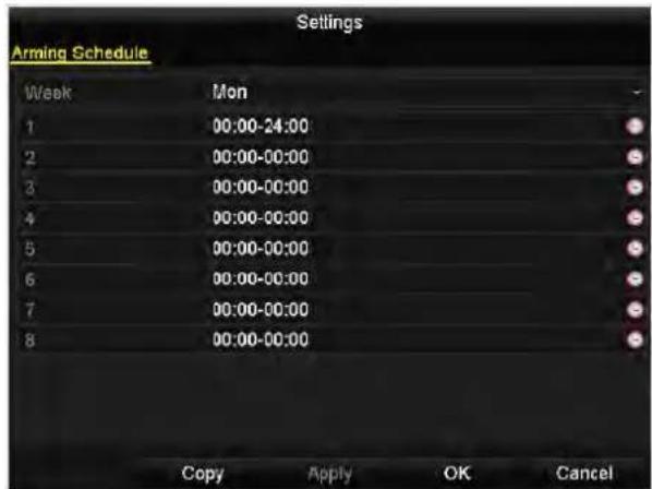 Settings Arming Schedule Week Mon 1 00:00-24:00 2 00:00-00:00 3 00:00-00:00 4 00:00-00:00 5 00:00-00:00 6 00:00-00:00 7 00:00-00:00 8 00:00-00:00 Copy Apply OK Cancel