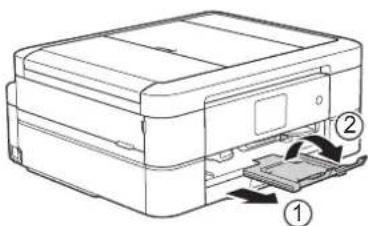 BROTHER DCP-J567N - 用紙ストッパーを確実に引き出し (1)、フラップを開く (2) - 1