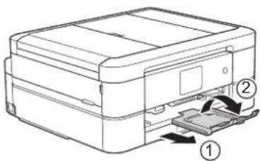BROTHER DCP-J567N - 用紙ストッパーを確実に引き出し (1)、フラップを開く (2) - 1