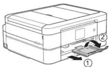 BROTHER DCP-J567N - 用紙ストッパーを確実に引き出し (1)、フラップを開く (2) - 1