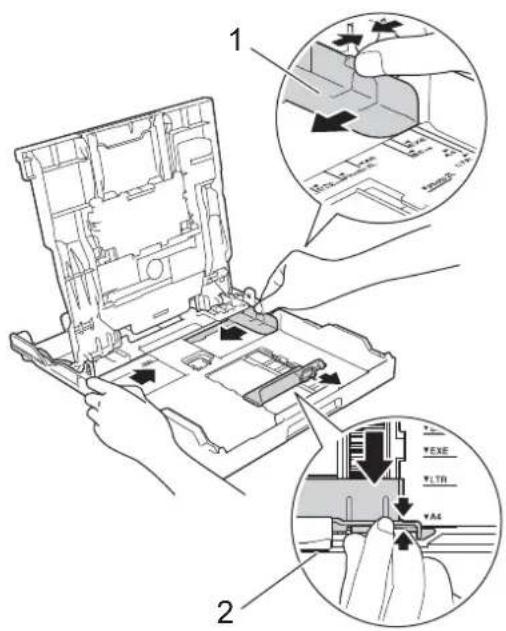 BROTHER DCP-J567N - 幅のガイド（1）と長さのガイド（2）を用紙サイズの目盛りに合わせる - 1