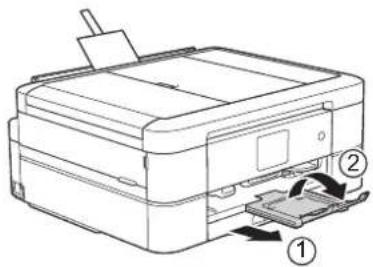 BROTHER DCP-J567N - 用紙ストッパーを確実に引き出し (1)、フラップを開く (2) - 1