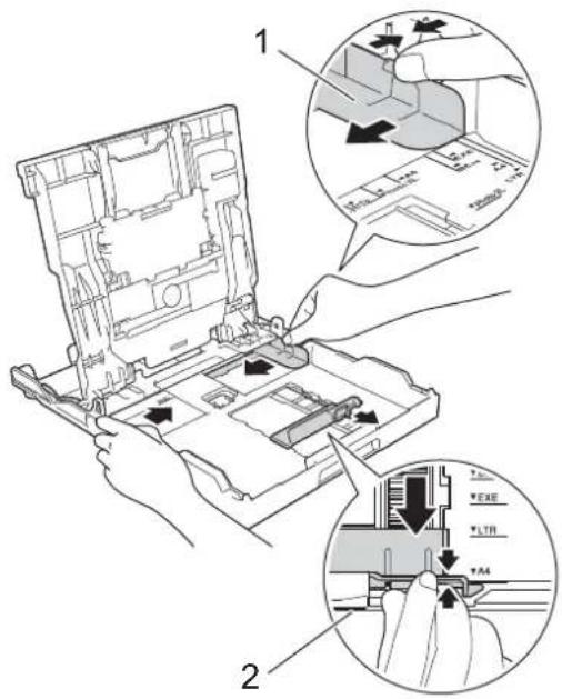 BROTHER DCP-J572N - 幅のガイド(1)と長さのガイド (2) を用紙サイズの目盛りに合わせる - 1