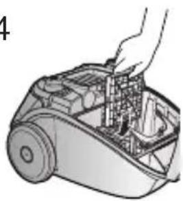 Illustration of a hand inserting a component into a vacuum cleaner (no text or symbols visible)