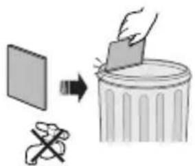 Diagram illustrating a hand removing a trash can into a waste bin, with a crossed-out tool nearby.